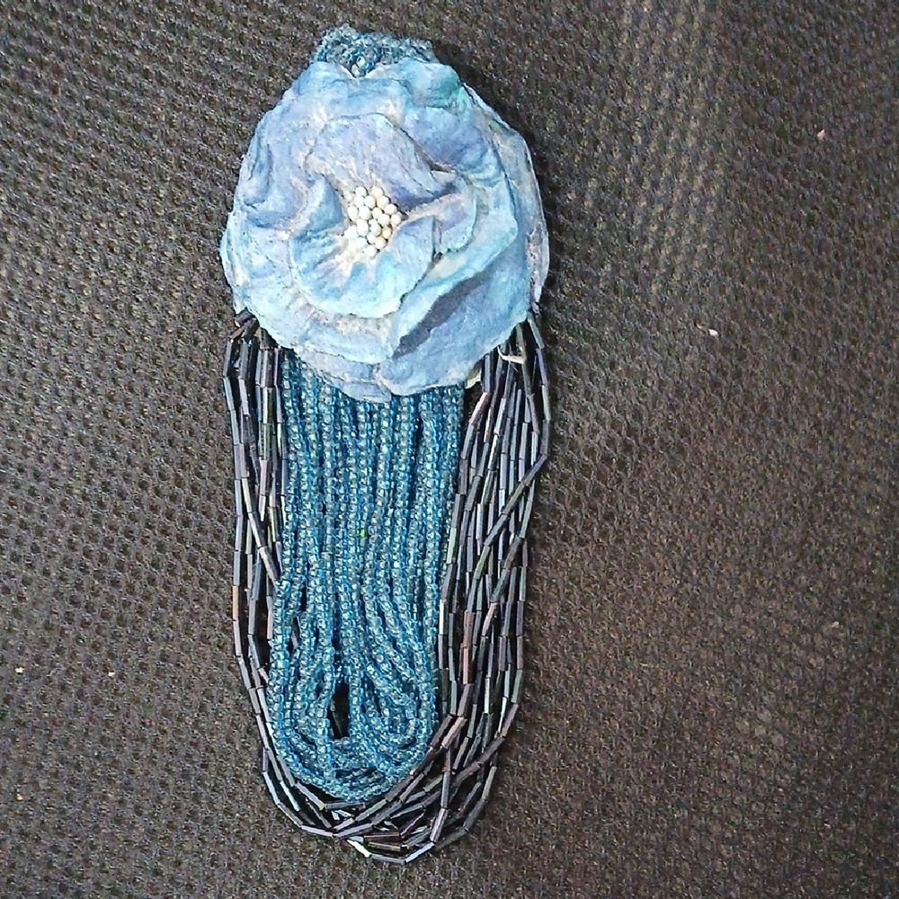 Blue Beaded Floral Brooch
